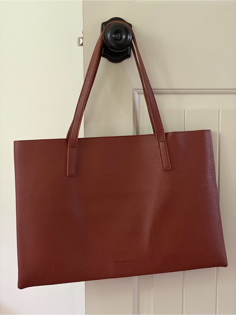 Vince Camuto Brown Pebbled Minimalist Tote Bag with Black Vertical Stripe